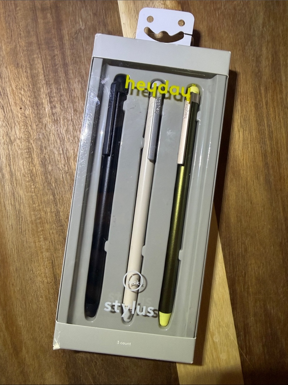 heyday 3-Pack Stylus Pens in Black, White, Olive with Yellow Tip